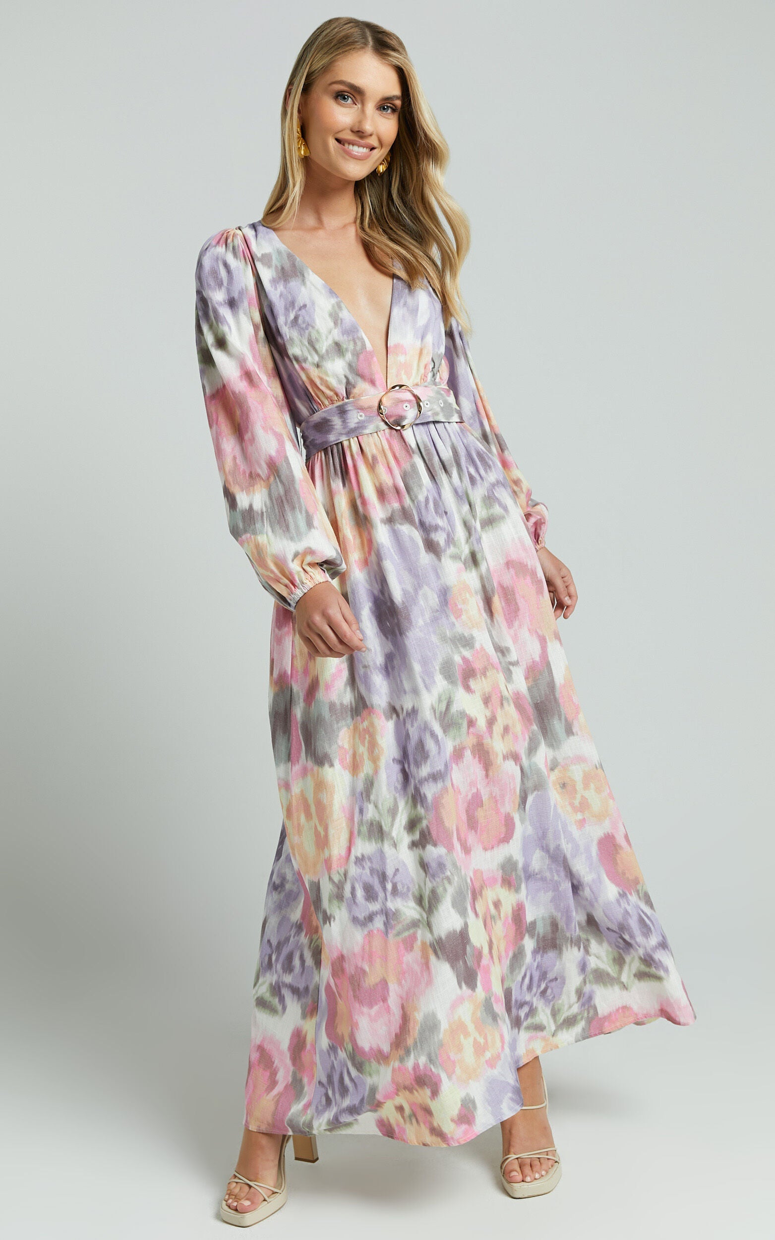 Amalie The Label - Lily Linen Blend V Neck Long Puff Sleeve Tie Back Maxi Dress in Montreuil Print