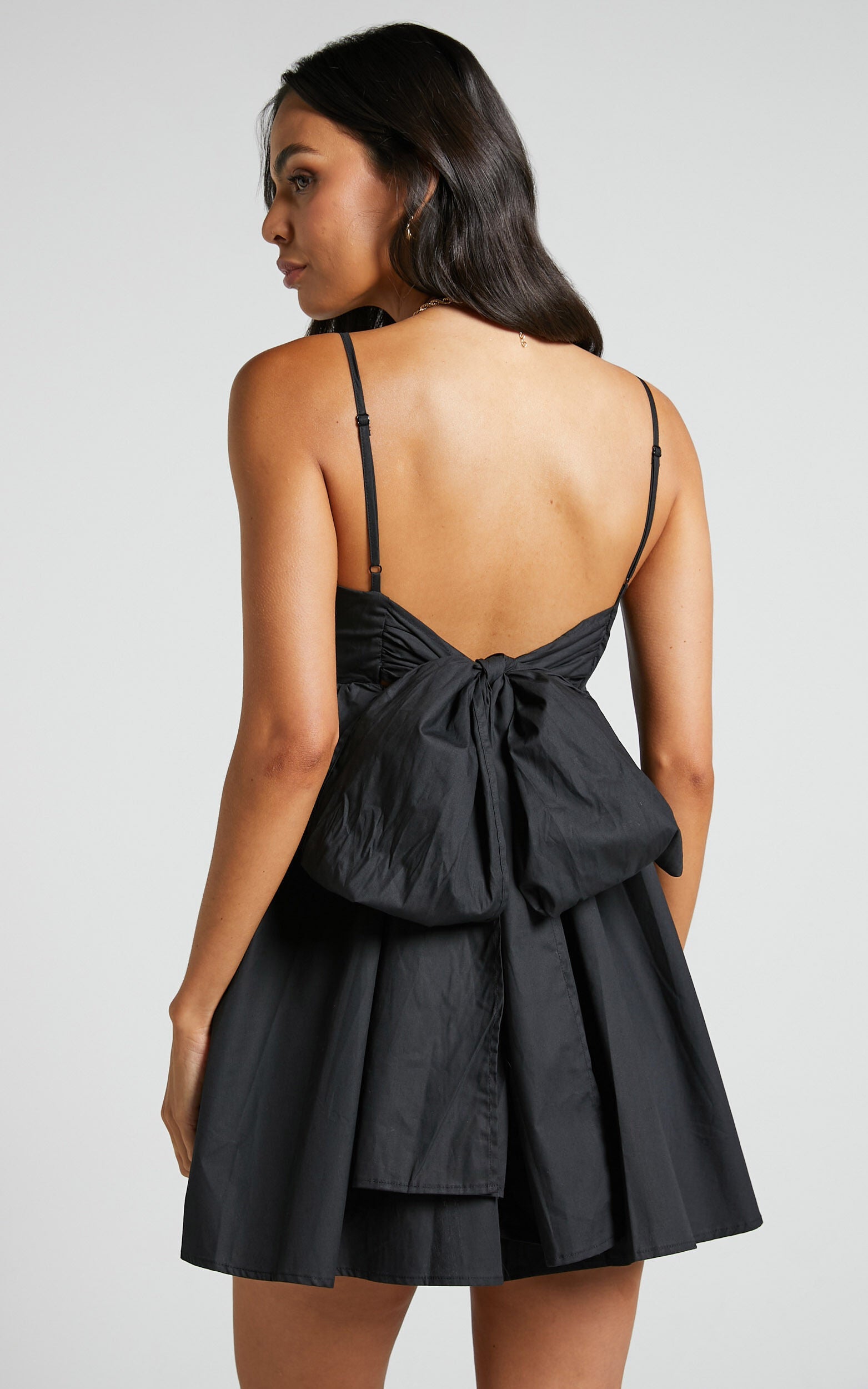 Clover Mini Dress - Back Bow Babydoll Dress in Black