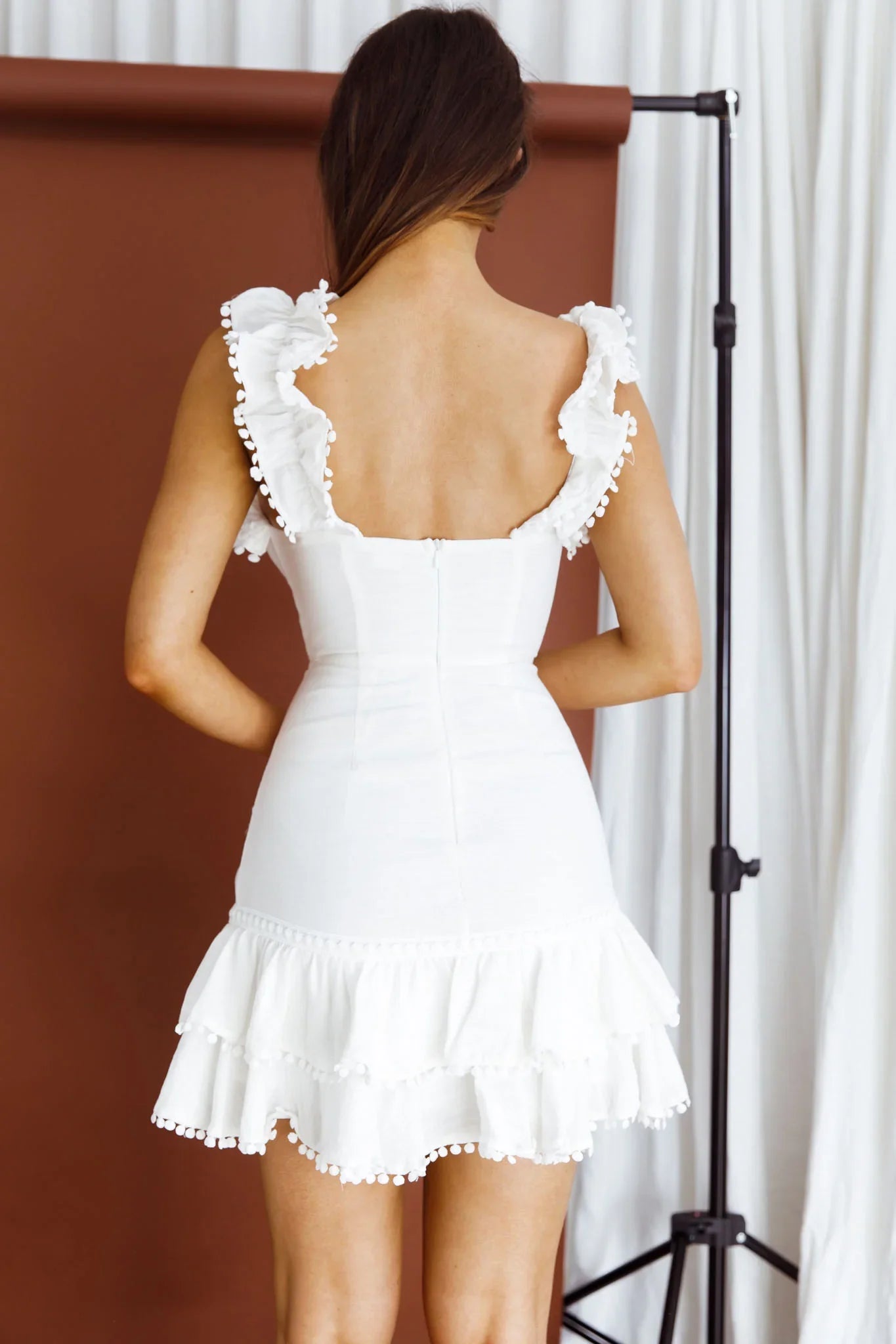 Annie Ruffle Shoulder Strap Layered Hem Mini Dress White